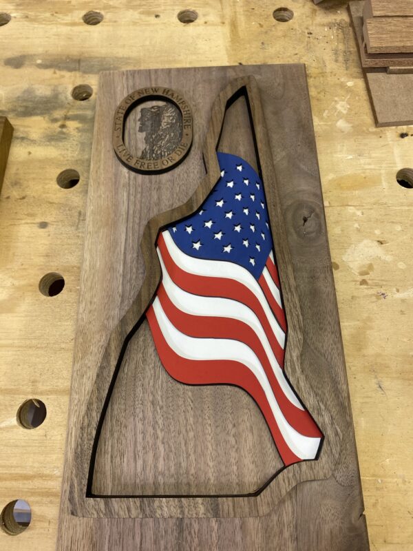 New Hampshire and American Flag Plaque - Layered Laser Cut Solid Walnut